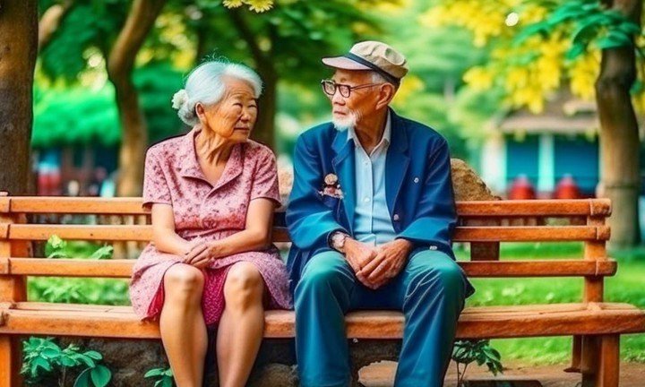 Китаская престарелая пара сидит на лавочке в красивом сквере