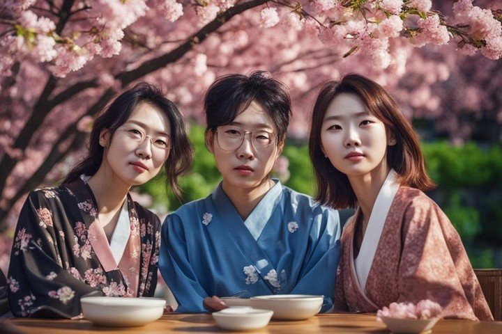 Трое людей азиатской внешности за столом в цветущем парке сакуры