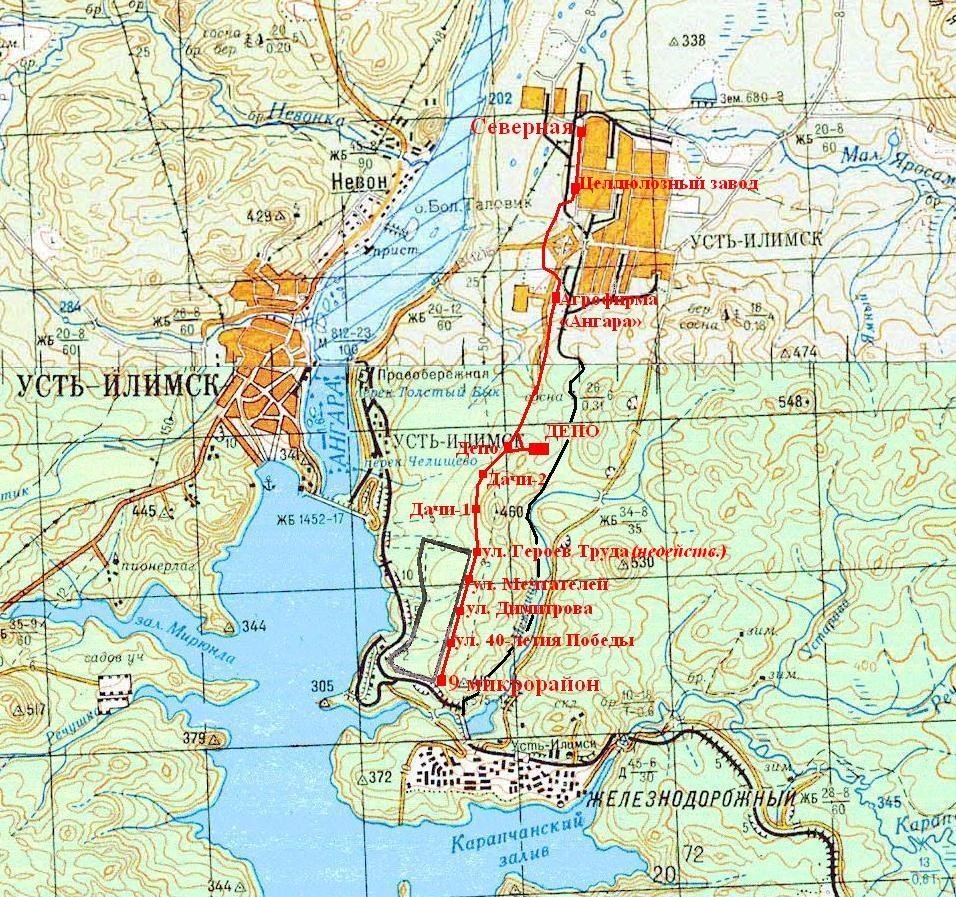Карта трамвайного маршрута Усть-Илимска